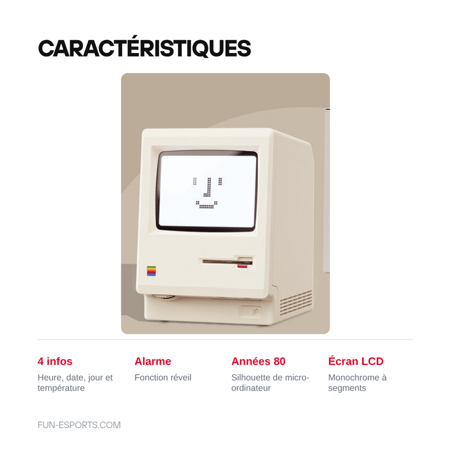 Caracteristiques du reveil de bureau : heure, date, jour et temperature, fonction alarme, silhouette annees 80, ecran LCD monochrome