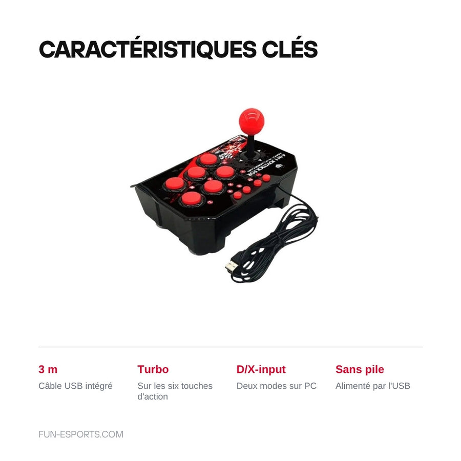 Caractéristiques du stick arcade Gaminja NS002 : câble USB de 3 m, turbo, modes D-input et X-input, sans pile