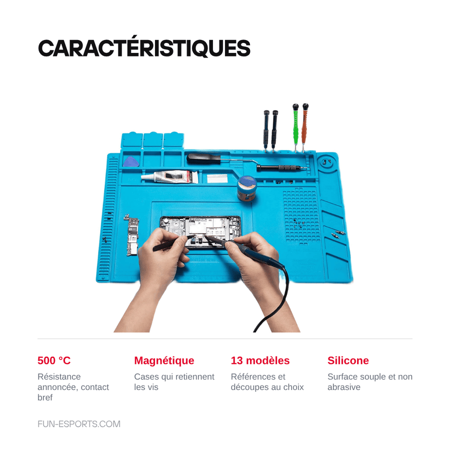 Caractéristiques — Tapis de réparation silicone pour soudure — compartiments magnétiques