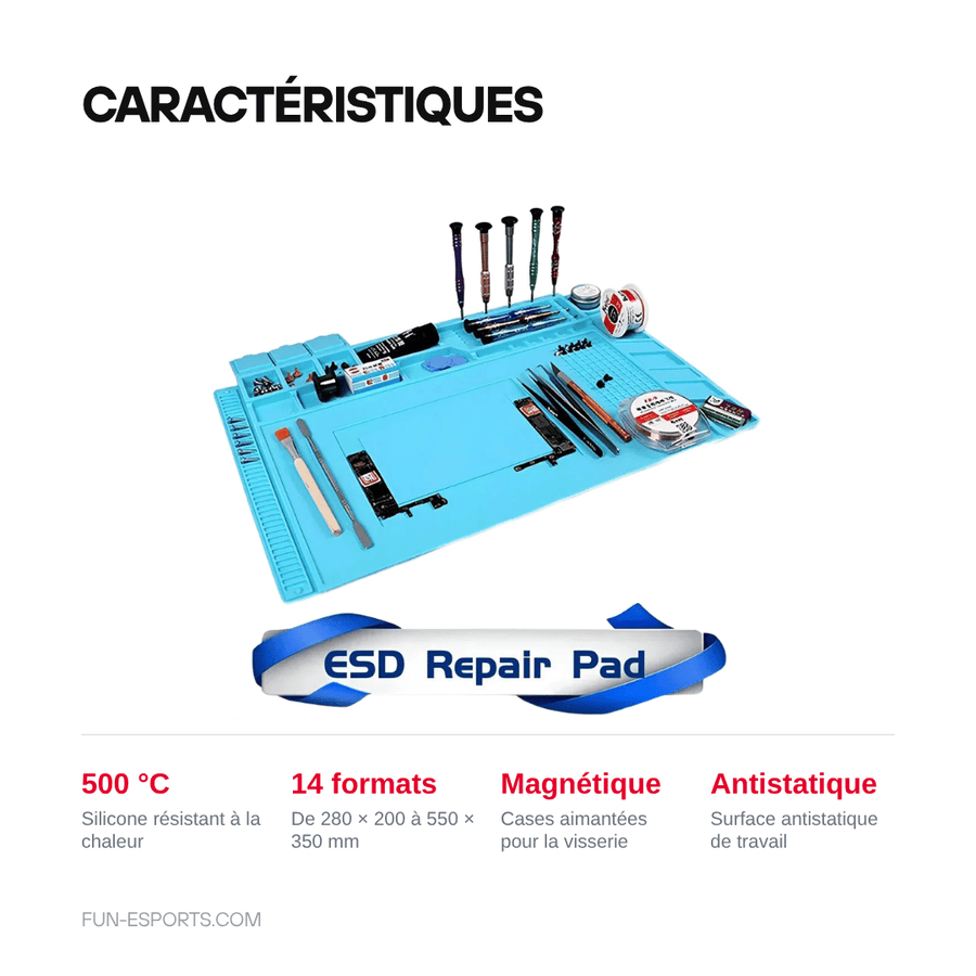 Caractéristiques — Tapis de soudure silicone magnétique — antistatique, 14 formats
