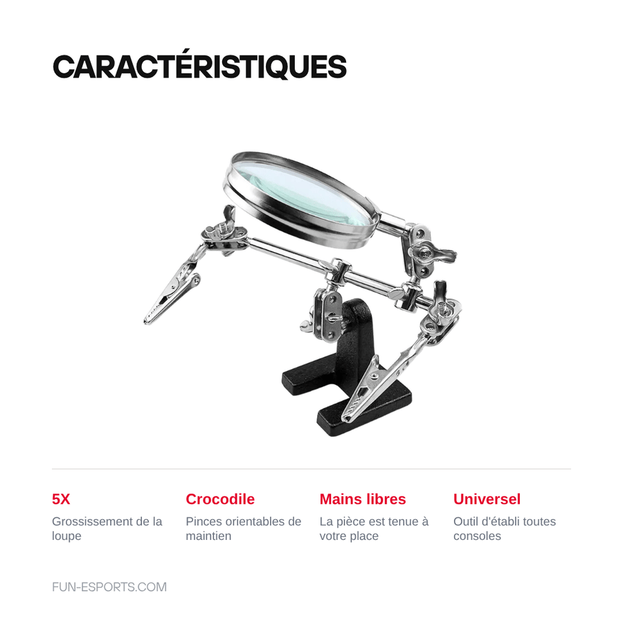 Caractéristiques — Troisième main loupe 5X pour soudure — pinces crocodile FEITA TE-805