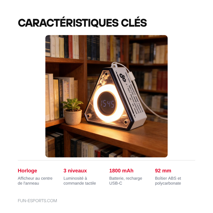 Caractéristiques clés : horloge, 3 niveaux, 1800 mAh, 92 mm