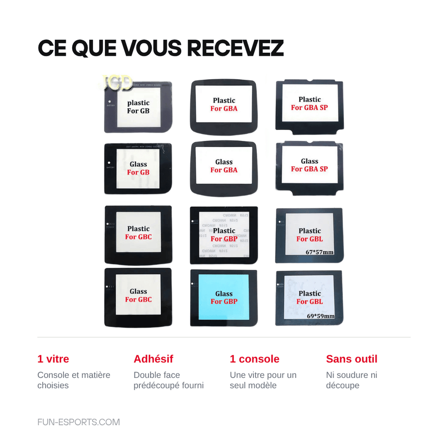 Ce que vous recevez — Vitre de protection Game Boy, GBC, GBA, GBA SP — verre ou plastique