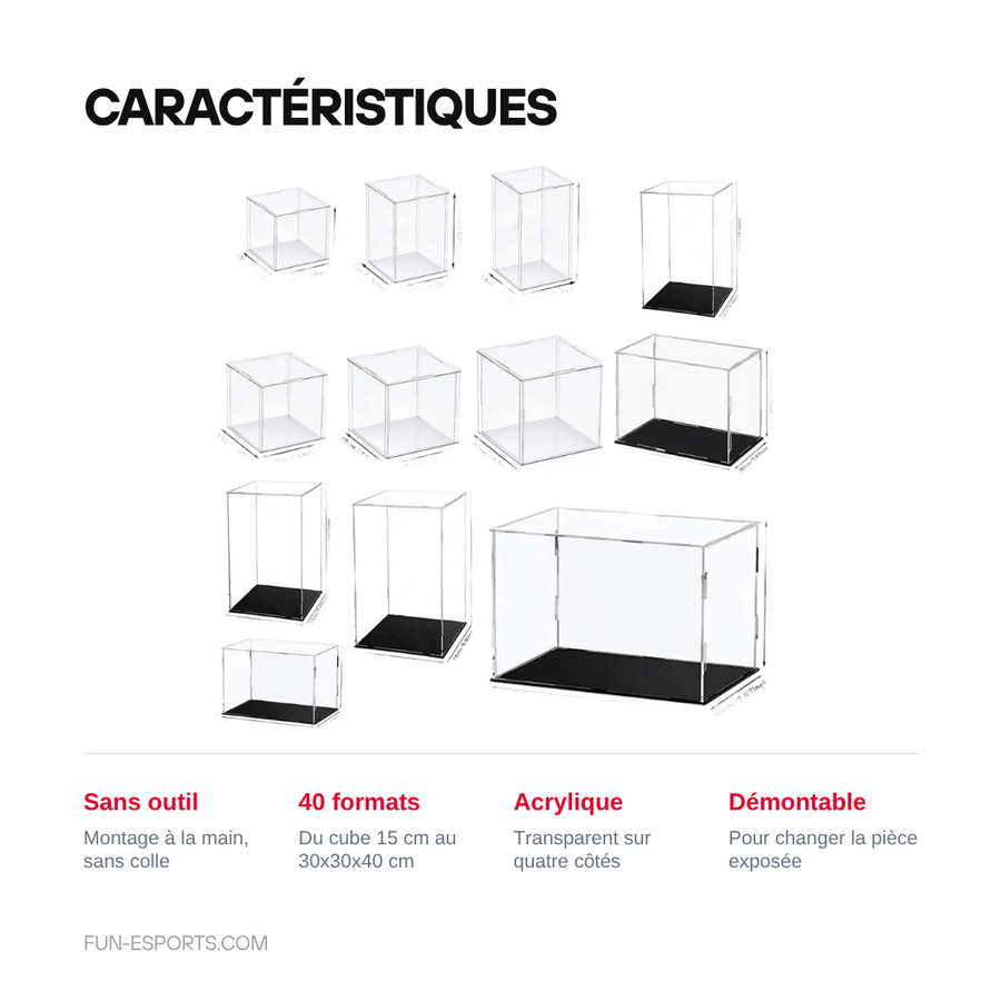 Caractéristiques — Vitrine acrylique transparente à assembler — figurines et consoles