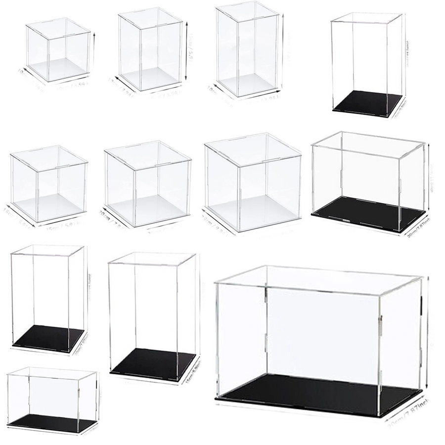 Boîte vitrine en acrylique transparente à monter soi-même, panneaux assemblés laissant voir l'intérieur vide